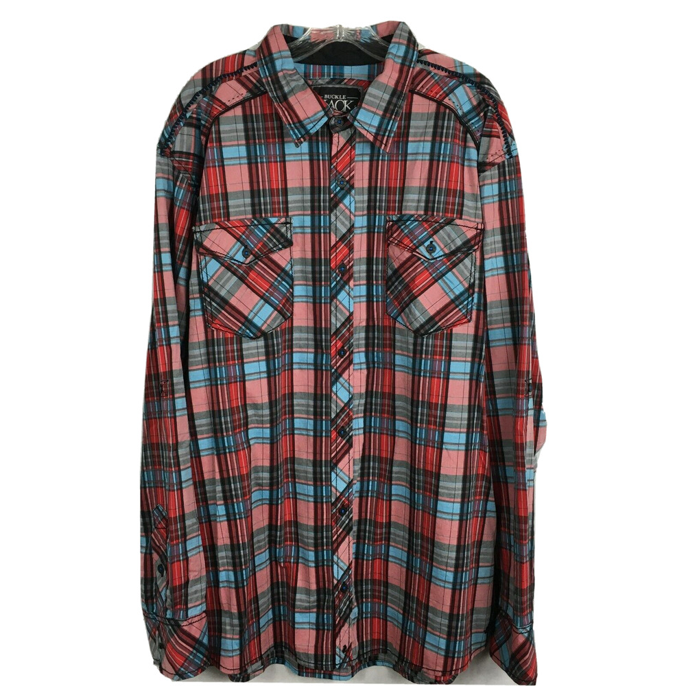 Buckle Black Shirt Mens Sz XXL Red Tartan Plaid Cotton Stretch Snap Button Up